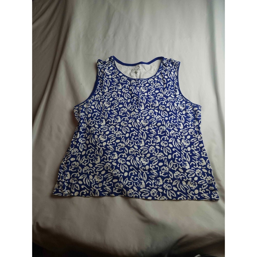 Kim Rogers Tank Top Womens Size PL Blue Knit Floral Sleeveless Scoop Neck Casual